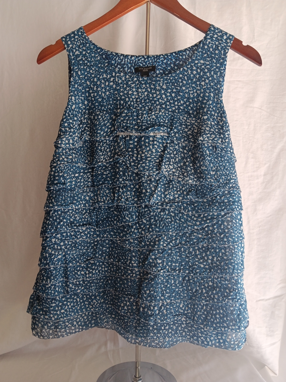 Ann Taylor Blue Floral Ruffle Sleeveless Blouse